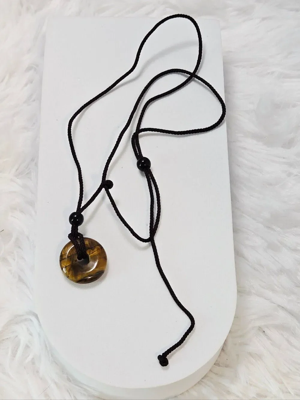 Golden Tiger Eye Donut Pendant Necklace Earthy Boho Pi Stone Jewelry Crystals